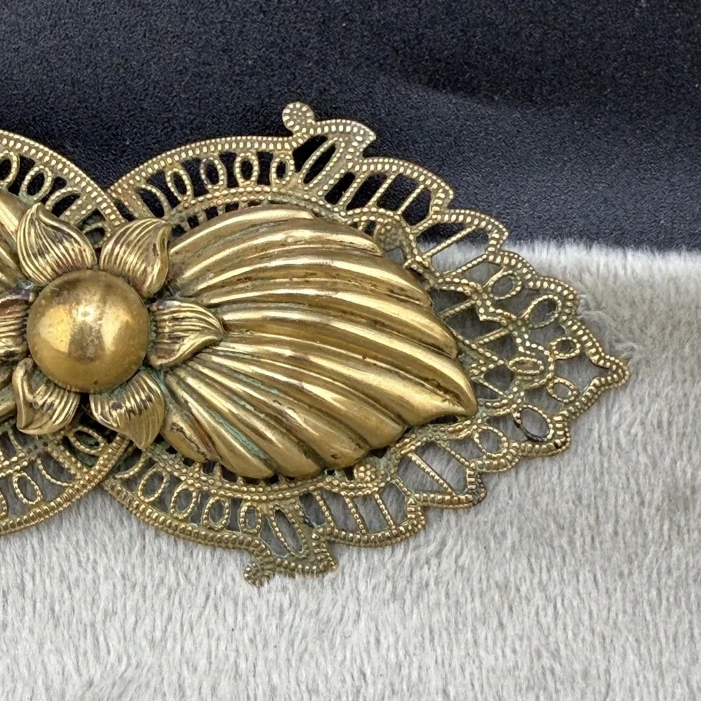 Vintage Estate Brooch Gold Tone Art Deco Flower Bow Filigree Pin 3.5in